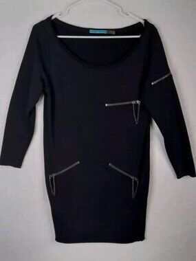 Alice + Olivia Boat Neck Solid Black Zipper Detail Mini Dress